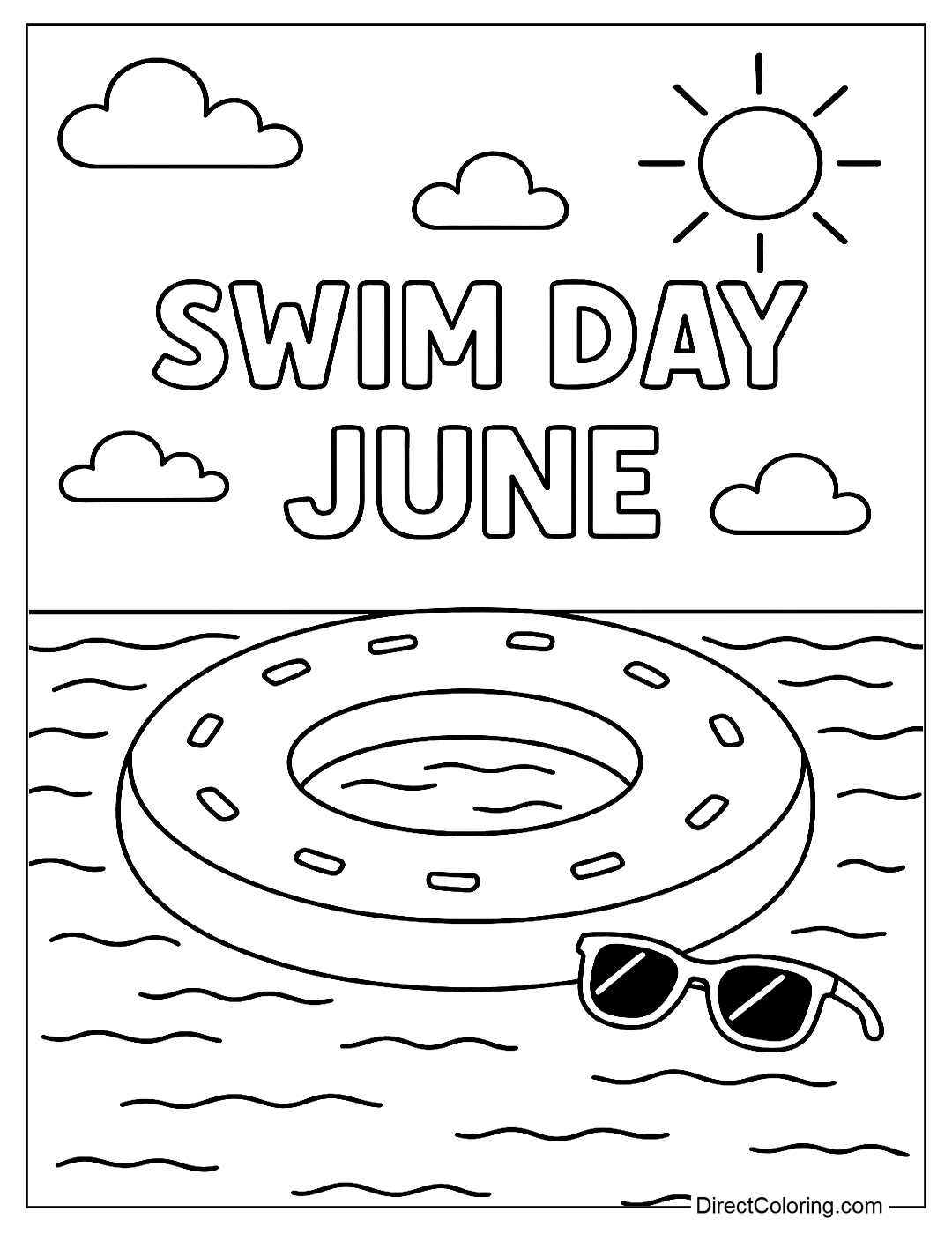 a June pool day coloring page with a pool float, cool water, and sunglasses